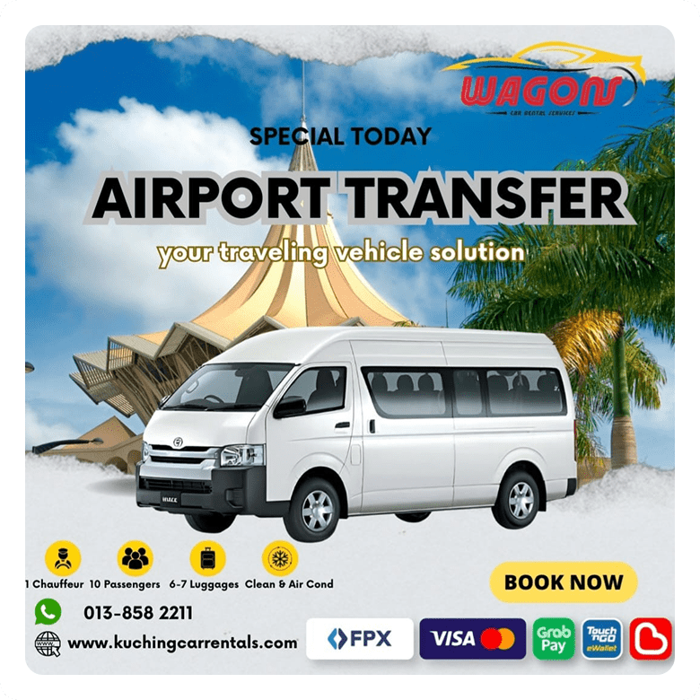 Airport transfer ad showcasing a passenger van, capacity details, contact info, and booking CTA.