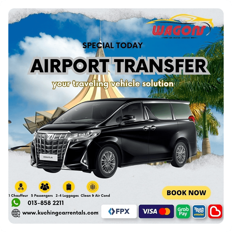 Premium airport transfer ad with black MPV, key features, contact details, and booking call-to-action.