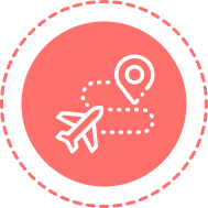 Airplane route icon with location pin in circular badge.
