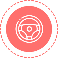 Steering wheel icon in circular badge.