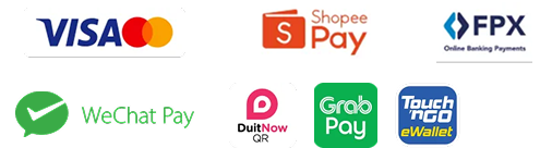 Accepted payments: Visa, Mastercard, ShopeePay, FPX, WeChat Pay, DuitNow, GrabPay, TNG eWallet.