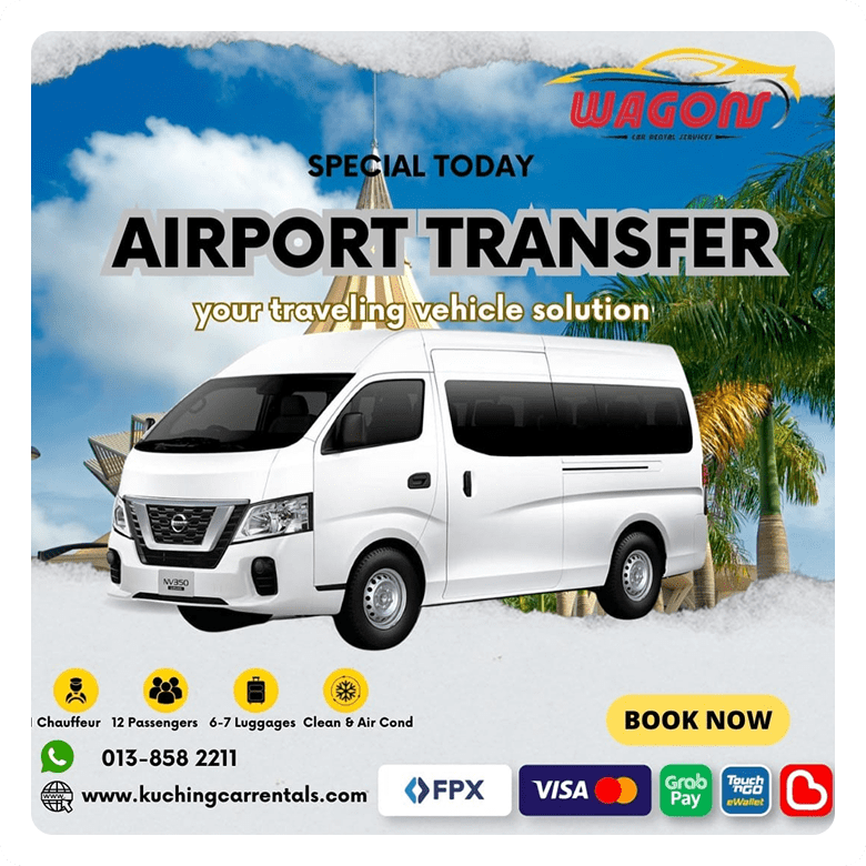 Airport transfer ad featuring a 12-seater van, service specs, contact details, and booking CTA.