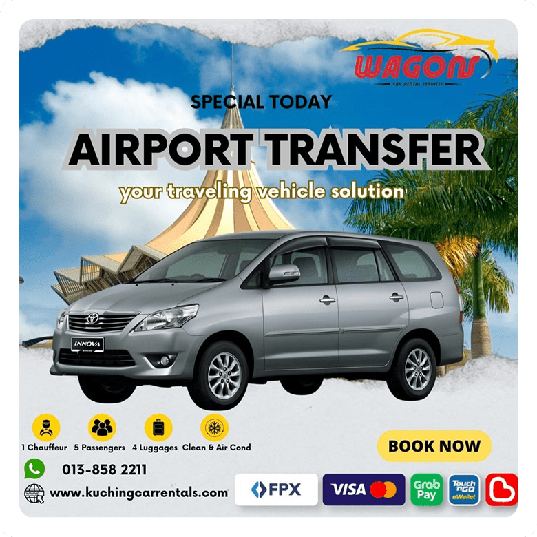Airport transfer ad featuring a 5-seater MPV, key features, contact info, and booking CTA.