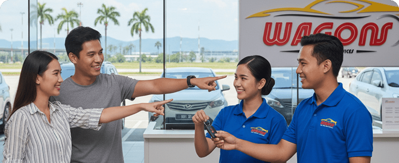 Customers receiving car keys from rental staff at a service counter.