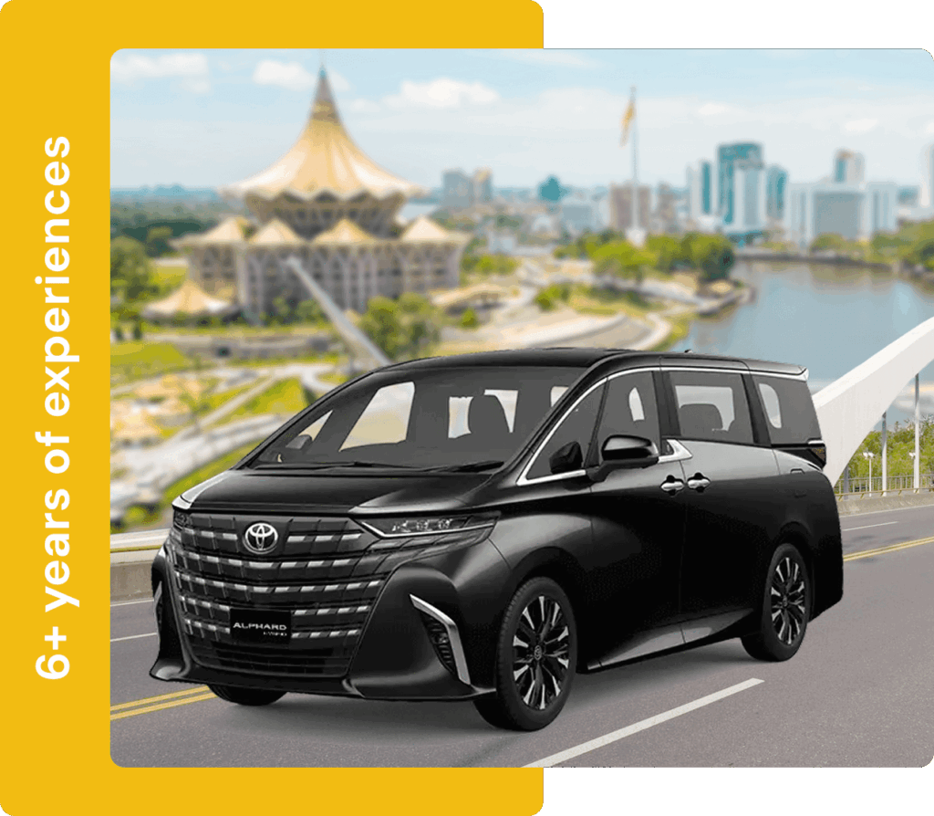 Luxury MPV on road with Kuching skyline background and experience highlight.
